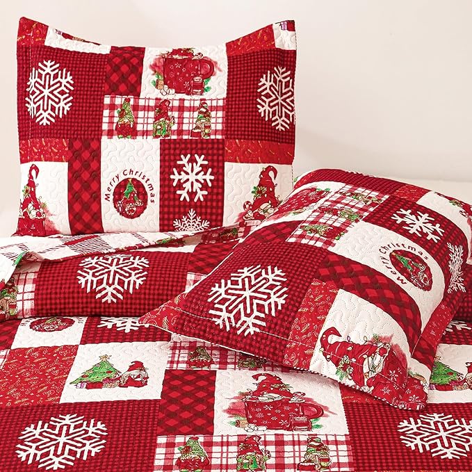 Gnome Christmas Quilt Bedding - King Size, Red Plaid, Holiday Lightweight Reversible Quilt Bedspread