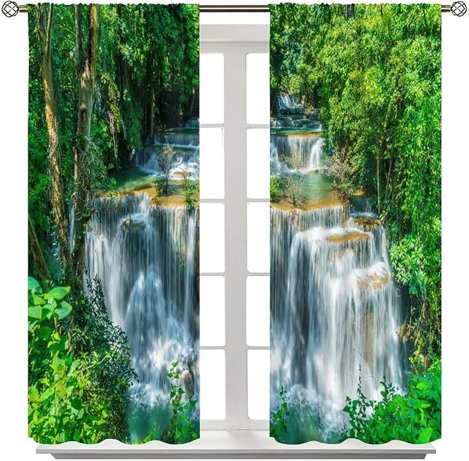 Scenic Nature Blackout Curtains, Natural Falls Landscape Forest Tree Waterfall Scenery Window Drapes, for Bedroom Living Room 52" W X 84" L