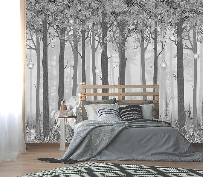 XMPMBM-Grey Cartoon Tree Nursery Room Fabric Wallpaper Misty Forest Wall Mural-W 132" X H 92"（93 Square Foot）