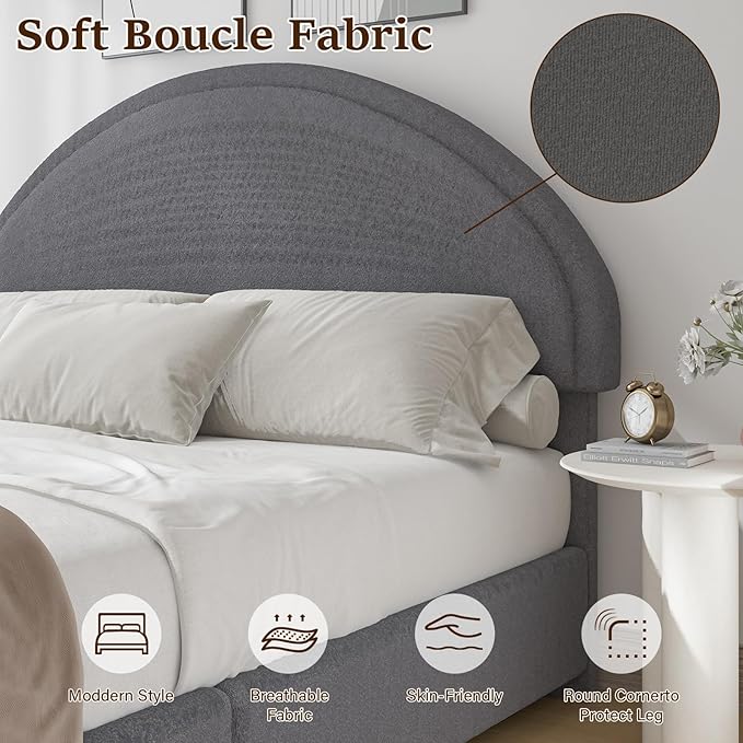 Full Size Bed Frame, Upholstered Platform Bed with Headboard, Boucle Bed Frame with Round Conner, No Box Spring Required, Easy Assembly, Grey