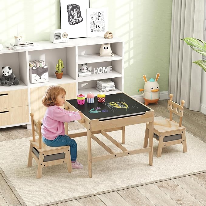 Costzon Kids Table and Chairs, 4 in 1 Wooden Activity Desk Set w/Reversible Whiteboard & Chalkboard, Hidden Storage Space and Drawers for Arts, Crafts, Play, Toddler Table and Chair Set (Alien Shape)