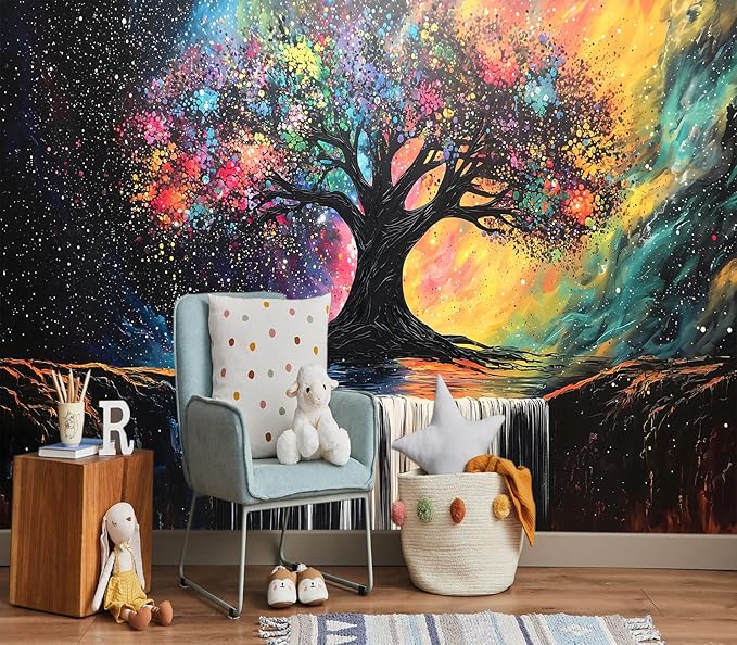 XMPMBM-Tree of Life Forest backsplash Large Decorative Wallpaper Colorful Graffiti Tree Waterfall Bedroom Bathroom Wall Mural- W 132" X H 92"（93 Square Foot）