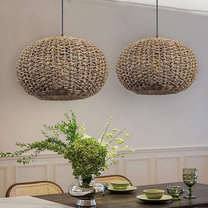 Arturesthome Rattan Chandelier, Handwoven Kitchen Pendant Light,Wicker Lamp Shade Farmhouse Ceiling Lighting Fixtures,Country Weave Hanging Light for Foyer Nursery
