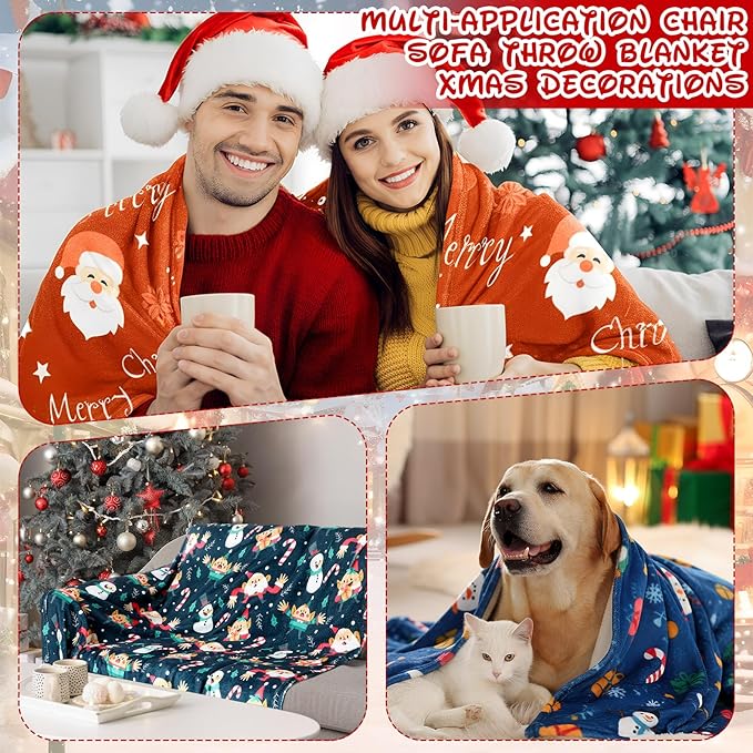 Buryeah 4 Pack Christmas Throw Blankets Bulk Snowman, Igloo, Santa Claus, Bells, Xmas Tree Soft Cozy Christmas Plush Flannel Blanket for Sofa, Bed, Couch, Home Decor Xmas Supplies, 40 x 50 Inches