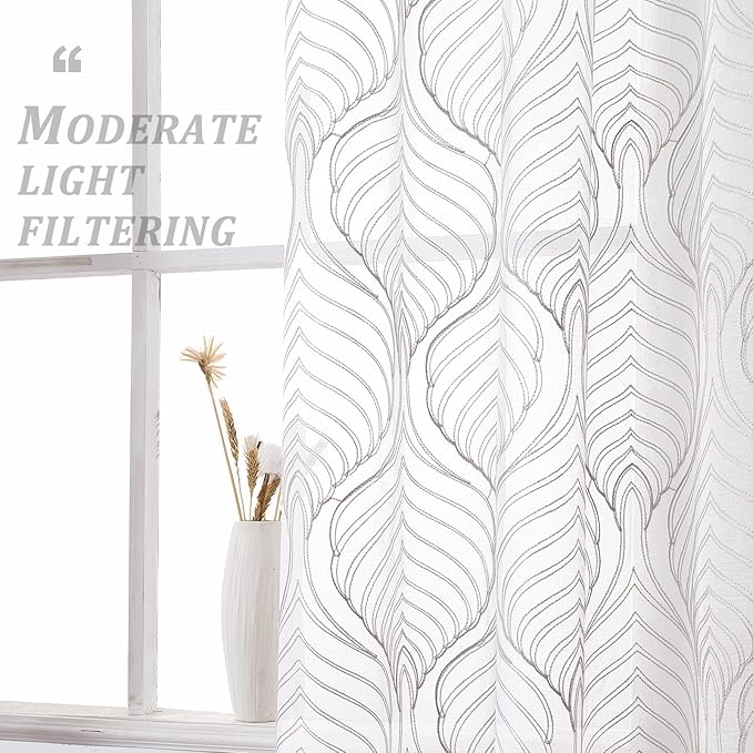 VISIONTEX Sheer Curtains 72 Inches Long 2 Panels Set Grey Moroccan Embroidery Texture Geometric Rod Pocket Ivory White Voile Tulle Semi Window Treatment Pair for Bedroom Living Room 54 x 72 Inches