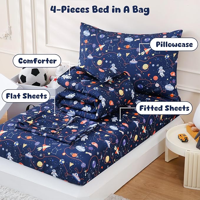LONAVA Twin Kids Comforter Set - 4 Pieces Twin Bedding Sets for Boys Girls Children, Ultra Soft Microfiber Bed in A Bag with Flat Fitted Sheets, Space