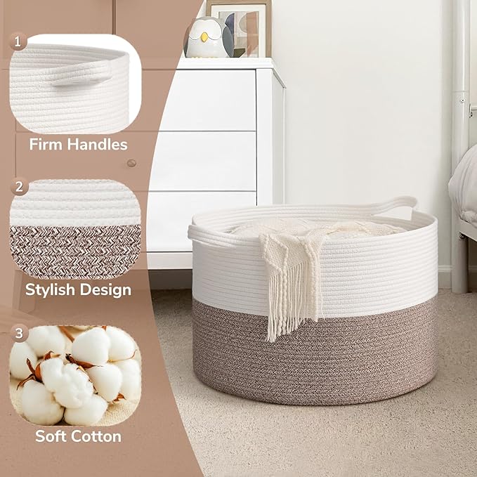 Goodpick Blanket Basket, Living Room Decor,19.7"x19.7"x12.6" Cotton Rope Basket for Decor, Dorm Room Essentials, Baby Toy Storage