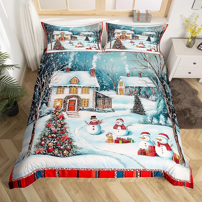 Manfei Christmas Duvet Cover Set King Size, Cute Snowman Xmas Tree Bedding Set for Kids Boy Girls Room Decor, New Year Theme Comforter Cover, Lightweight Bedspread Cover, 2 Pillowcases, No Comforter