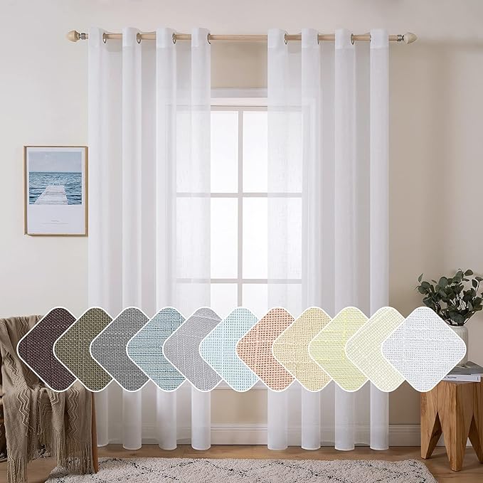 MIULEE Linen Sheer Curtains 108 Inch Long Elegant Solid Natural White Drapes Grommet Top Window Voile Panels Linen Textured Panels for Bedroom Living Room (52X108 Inch)