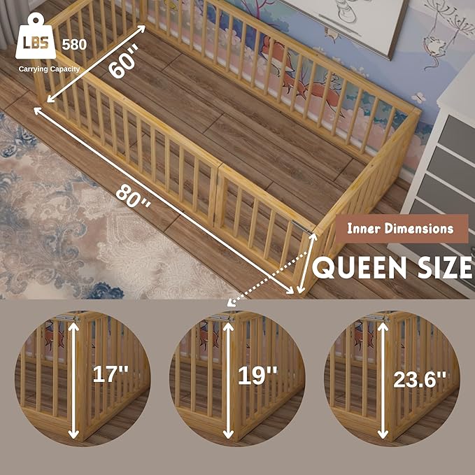 Montessori Floor Bed with Door On The Right Side for Toddler | Pine Wood Natural Solid Frame Beds | Sturdy Modern Design Floor Bed Frame for Boy and Girls (Queen, Height : 17 Inches)