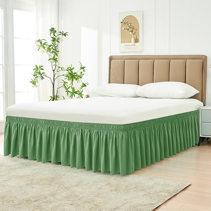 Biscaynebay Wrap Around Bed Skirts for Queen Beds Short Drop of 12", Sage Adjustable Elastic Dust Ruffles Easy Fit Wrinkle Resistant Silky Luxurious Fabric Machine Washable
