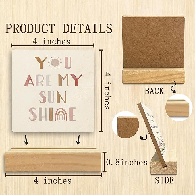 QASHWEY Nursery Shelf Decor, Boho Desk Shelf Decor, Motivational Boho Sun Rainbow You Are My Sunshine Wooden Plaque with Wooden Stand for Home Nursery
