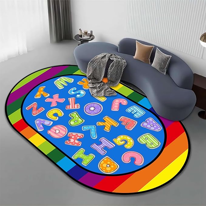Colorful Cartoon Kid Area Rug, 5x8ft, ABC Alphabet Educational Learning Oval Rug, Rainbow Stripe Border Rug, Non-Slip Indoor Playmat, Children's Gift for Playroom, Bedroom and Nursery