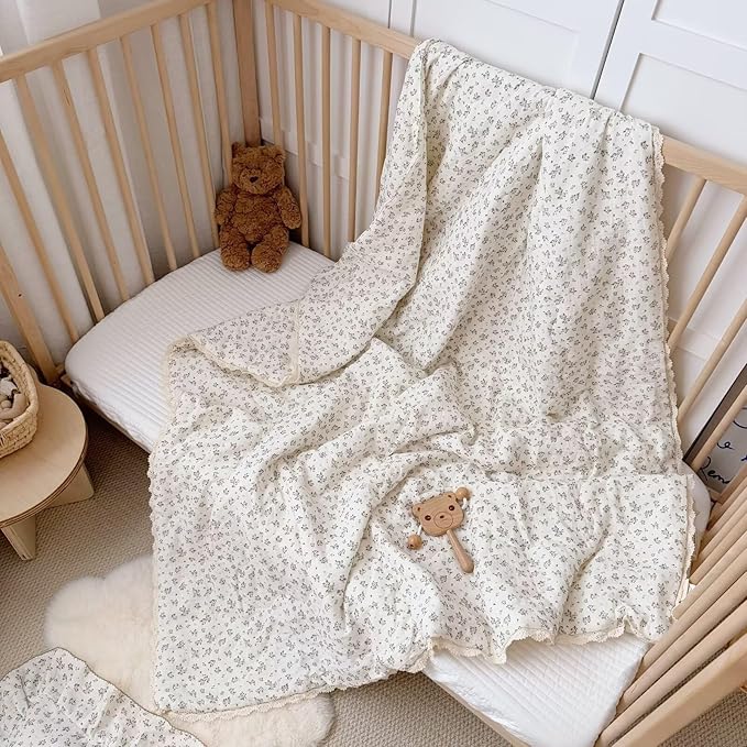 BuLuTu Chic Floral Kids Quilt 100% Cotton Muslin Comforter for Twin Bed/Toddler Bed, Blue Brown Flower Quitled Blanket Lace Edges Comforter for Toddler Girls Boys, 47x59 Inches, No Pillow