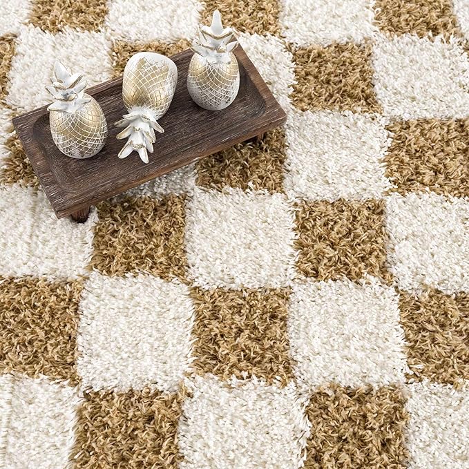Hauteloom Atira Contemporary Checkered Fluffy Shag Runner Rug - Modern Geometric Carpet Tiles for Hallway, Kids Room - Plush Pile Carpet Squares - Yellow, Cream, White - 2'7" x 7'3"