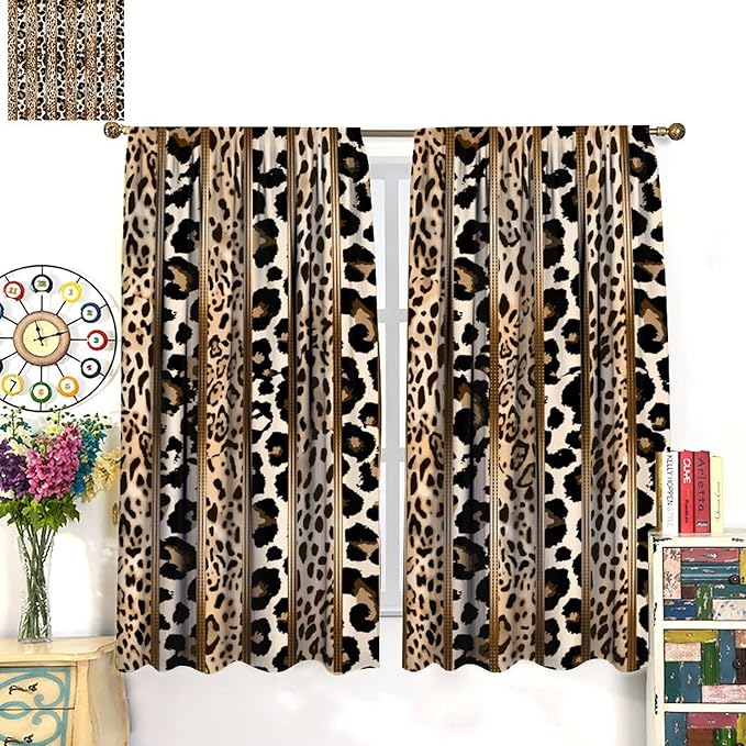 Leopard Curtains, Cheetah Wild Animal Geometric Stripe Wildlife Theme Window Drapes for Bedroom Living Room 63" W X 72" L