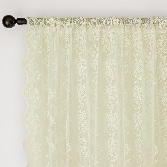 Anmao Vintage Lace Curtains 102 Inches Long 2 Panels Set, Romantic Elegant Light Filtering Semi Sheer Floral Thick Lacy Curtain Drapes for Living Room and Bedroom, Each Panel 55W x 102L, Cream Yellow