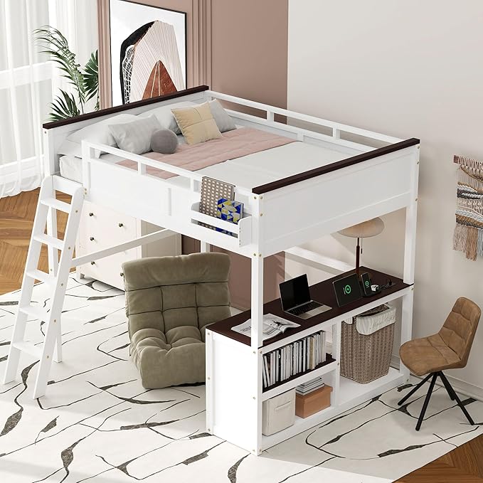 Bellemave Queen Loft Bed with Desk, Queen Size Loft Beds with Storage Shelves for Kids Adults Boys Girls Teens, White