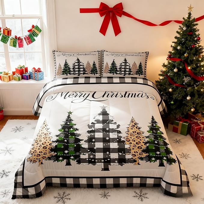 Merry Christmas Kids Comforter Set Full Size,Leopard Plaids Pines Trees Bedding,Girls Boys Adults Bedroom/Xmas Cabin Decor,Geometric Grids Retro Down Comforter,Rustic Duvet Insert,2 Pillowcases