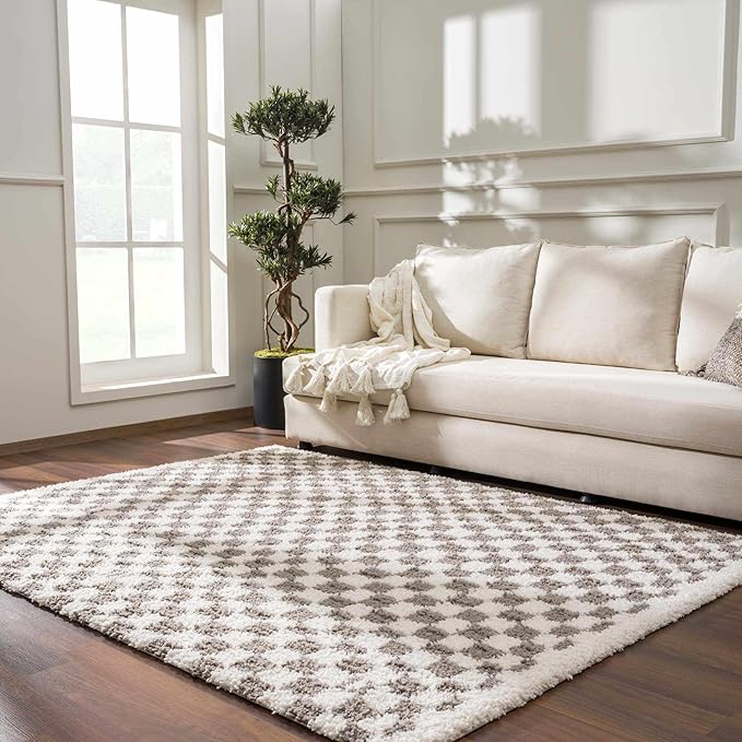 Hauteloom Kieu Contemporary Checkered Fluffy Shag Area Rug - Modern Geometric Soft Carpet Tiles for Living Room, Kids Room, Nursery - Gray, Light Grey, White - 6'7" x 9'