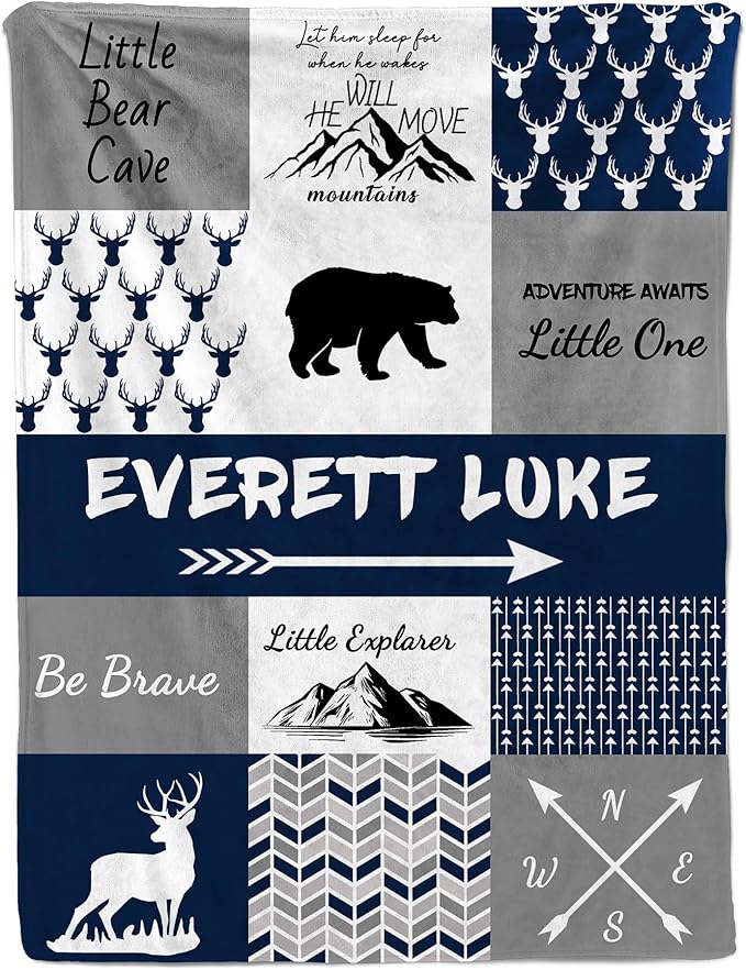 Ship Next Day, Personalized Baby Boy Blanket Gifts, Custom Receiving Blankets for Boys, Woodland Kids Blanket with Name, Customized Newborn Swaddle Blankets, Baby Shower Birthday