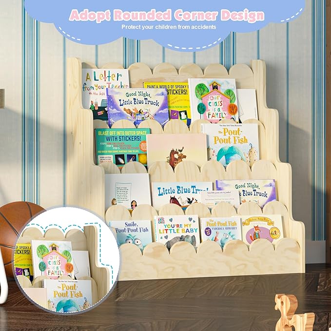 4 Tier Scalloped Kids Bookshelf Natural Wood Toddler Book Rack Nursery Bookcase Playroom Coloring Book Magazine Display Storage Shelf Organizer Classroom Library Homeschooling (Natural Wood)