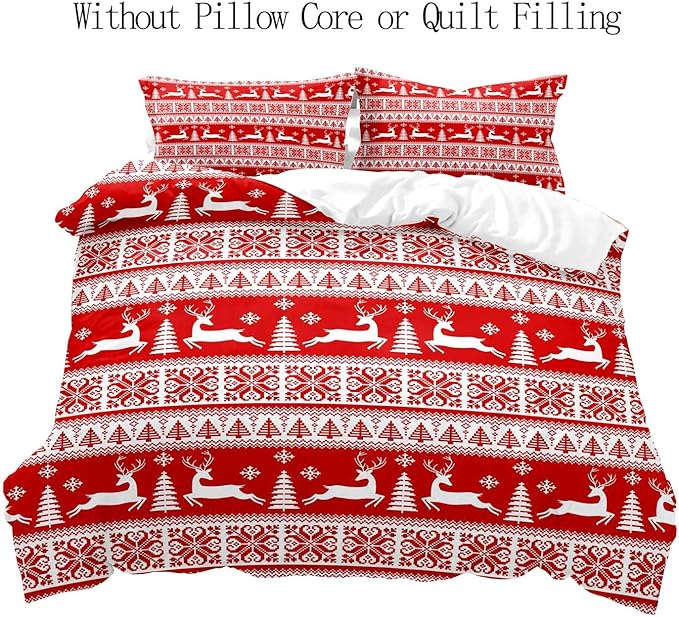 LUVIVIHOME 2PCS Christmas Duvet Cover Twin Bedding Sets, Red Duvet Cover, White Reindeer Snowflake Christmas Tree Winter Holiday New Year Xmas Striped Christmas Comforter Quilt Cover, 1 Pillow Sham