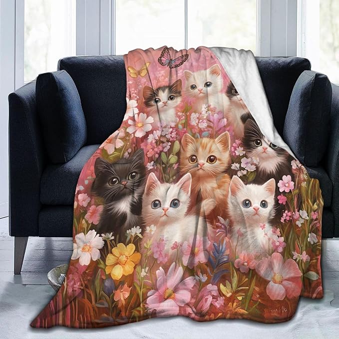 Pink Cat Themed Blanket Funny Cats Throws Pet Animal Print Plush Fuzzy Fleece Blankets Gifts for Girls Boys Lovers Super Soft Warm Cozy Butterfly Flower Stuff for Kids Women Bed Sofa Bedding 50"x40"