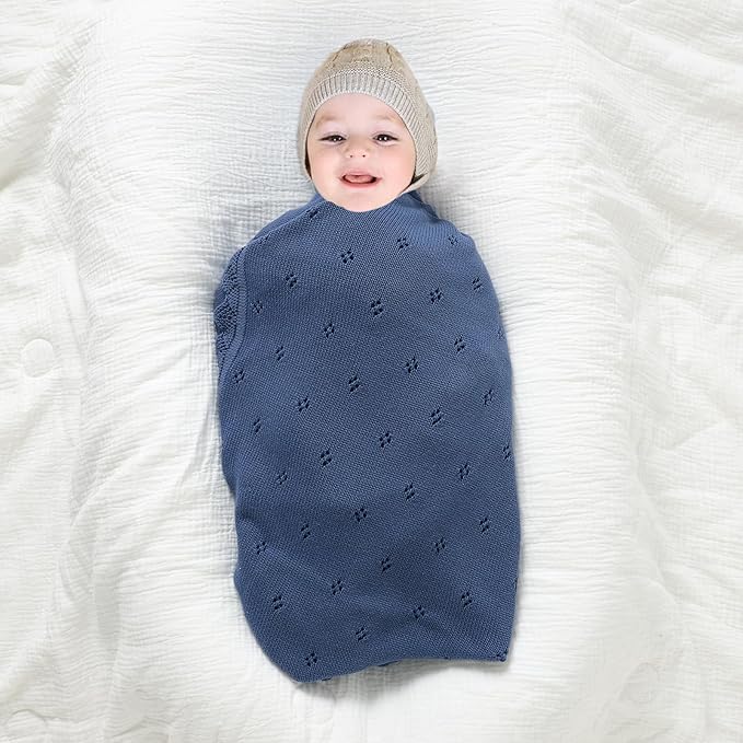 mimixiong Cotton Baby Blanket Knitted Crochet Receiving Crib Nursery Swaddling Blankets for Newborn Baby Boy Girl with The Bunny Rattle (Denim Blue)