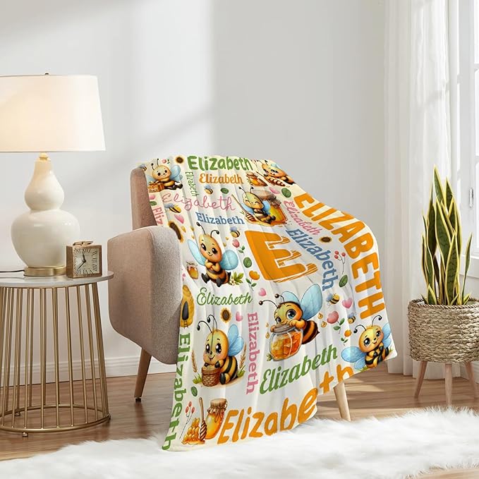 Personalized Custom Honeybee Blanket Gifts for Kids Boys Girls with Name - Customized Honeybee Super Soft Lightweight Flannel Sheets Decor for Crib Nap Couch - 90"x120" for Whole Family