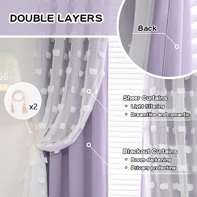 MYSKY HOME Light Blocking Lilac Curtains for Living Room White Sheer Pom Pom Kids Room Decor Drapes 102 Inches Long Double Layer Curtain for Sliding Door Grommet Window Panels Set of 2 52" x 102"