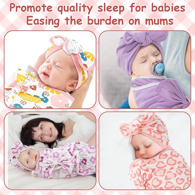 Ramede 6 Pack Preemie Swaddle Blanket with Hats Sleep Swaddle for Baby Boy Girl Preemie Newborn Sacks Soft Cotton Wearable (Bow,Pink)