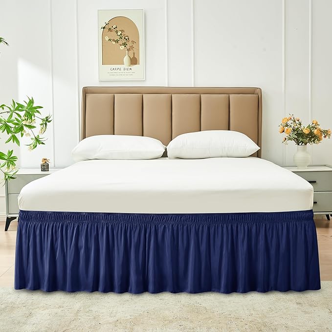 Biscaynebay Wrap Around Bed Skirts for King & Cal King Beds Short Drop of 12", Navy Adjustable Elastic Dust Ruffles Easy Fit Wrinkle Resistant Silky Luxurious Fabric Machine Washable