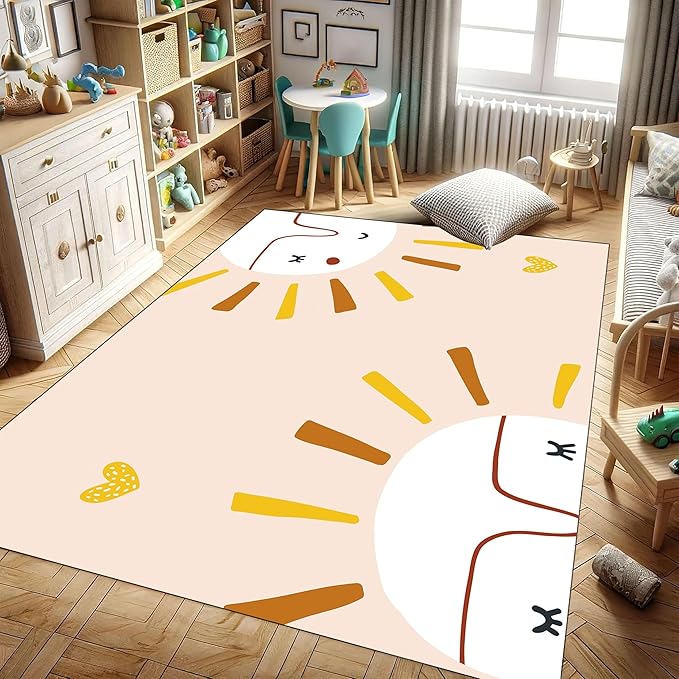 Children's Plush Area Rug - Soft, Washable, Non-Slip - Simple Cute Sun and Love Prints - Pink, 3x5ft