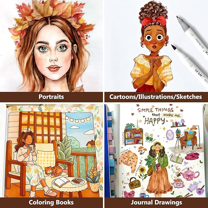 SFAIH Skin Tone Alcohol Markers Brush & Fine - 12 Dark Portrait Colors, Blendable & Refillable Permanent Art Markers for Adults/Teen/Artists/Creators & Illustrators