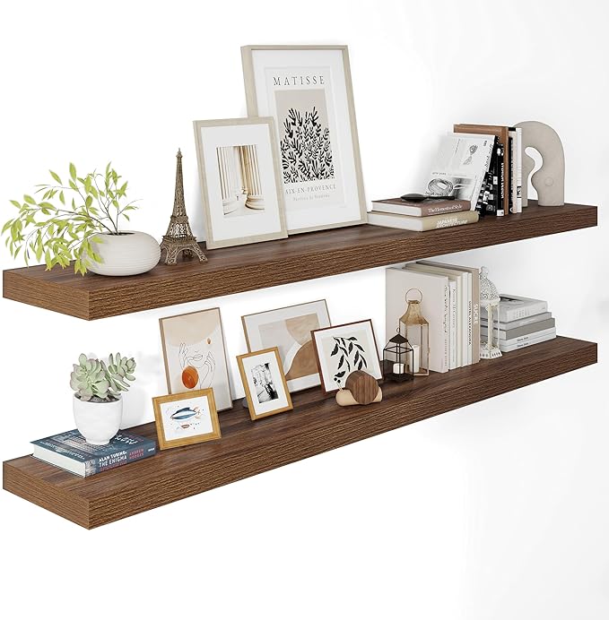 Vivelove Wide Floating Shelves for Wall 12 Inch Deep, 55" X 12" X 2" Floating Shelf, 2 Inch Thick Shelf for Living Room Bathroom Bedroom Kitchen Book Room, Rustic Farmhouse Decor Set of 2, Walnut