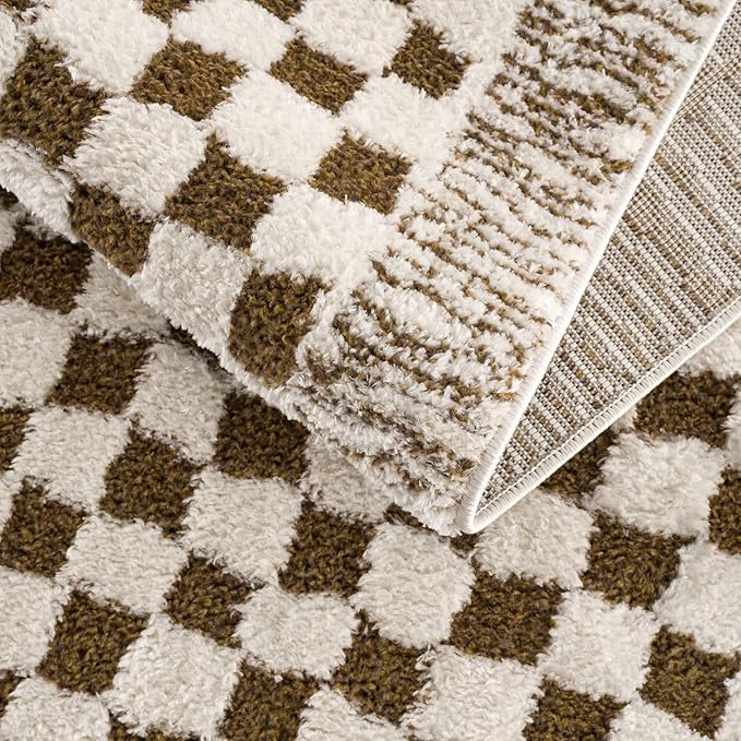 Hauteloom Leryn Living Room, Bedroom Area Rug - Checkered - High Pile - Bone - 7'10" x 10'