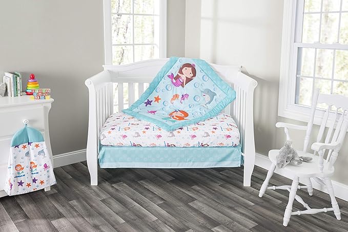 EVERYDAY KIDS 3 Piece Girls Crib Bedding Set - Mermaid Adventures - Includes Quilt, Fitted Sheet and Dust Ruffle - Nursery Bedding Set - Baby Crib Bedding Set