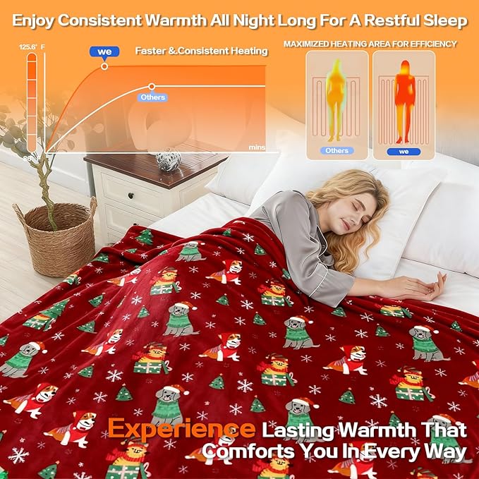 Electric Blanket Heated Twin, Soft Flannel 62"x84" Plaid Heating Blanket with 8 Hours Auto Off 10 Fast Heating Levels Machine Washable Sherpa Heated Blanket with Overheating Protection