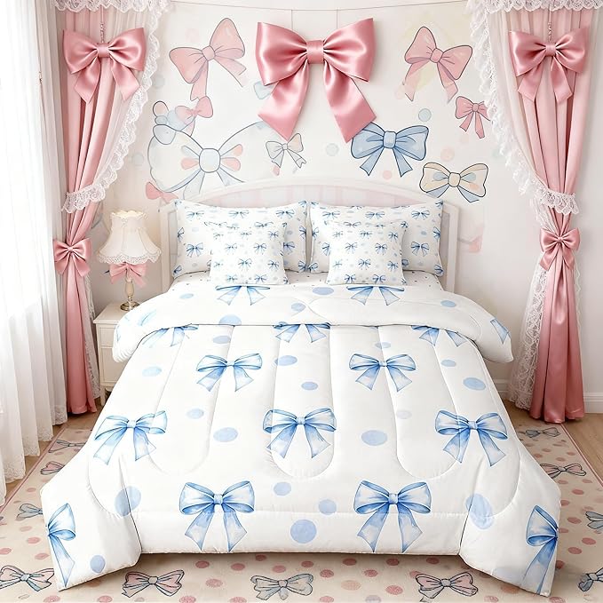 7 Pieces Blue Bowknot Kids Comforter King Size,Geometric Dots Bow Tie Patchwork Romantic Bedding Set,Bow Knot Princess Cute White Chic（Comforter+Fitted+Flat+2 Pillowcases+2 Throw Pillow Covers）