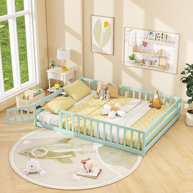 Giantex Full Floor Bed with Door & Fence, Kids Wood Montessori Beds with Safety Guardrails, Floor Bed Twin for Kids, Boys, Girls, No Box Spring Needed, Mint Sky