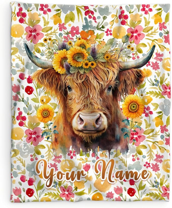 Custom Highland Cow Blanket Gifts with Name - 40x30 Inches Vintage Throw Blanket for Women, Girls - Colorful Soft Fuzzy Blankets for Lap, Chair - Gift for Mom Daughter Grandma