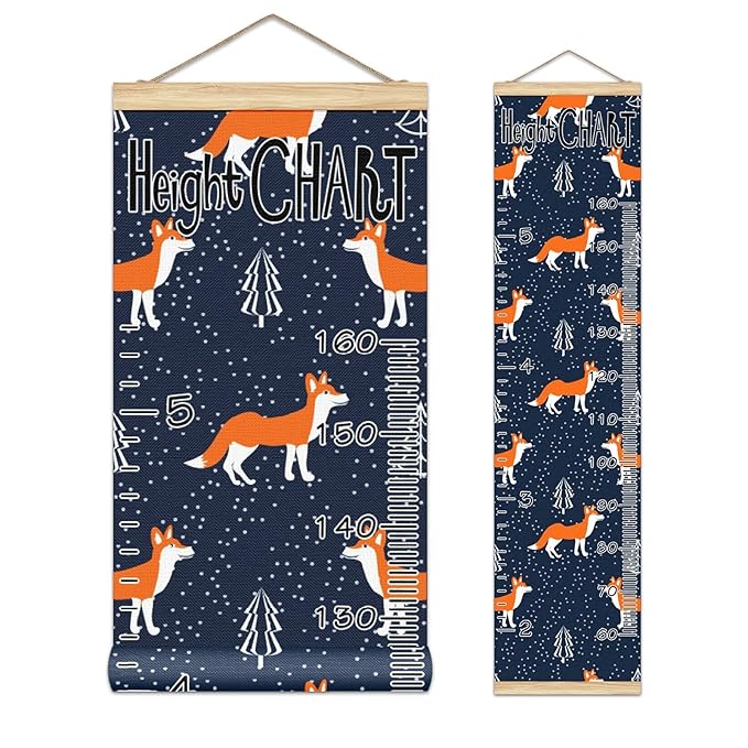 Kids Growth Chart Ruler for Wall Wood Frame Height Measure Chart 13.4x56 in Linen Hanging Height Growth Chart Small Foxes Kids Room Decor