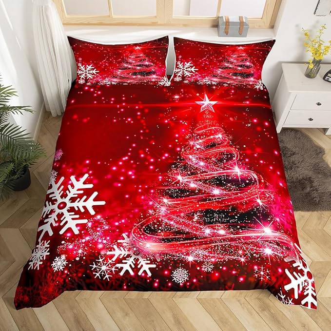 Manfei Red Xmas Tree Duvet Cover Set Full Size, White Snowflake Print Bedding Set 3pcs for Kids Boys Girls Bedroom Decor, Christmas Theme Comforter Cover with 2 Pillowcases,No Comforter