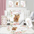 Personalized Baby Bedding Set: 5 Piece Custom Gift Rose Highland Cow Crib Bed Set with Name, Nursery Bedding Set for Baby Girls and Boys, Floral Crib Bedding Gifts (Fixed Size)