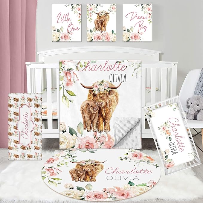 Personalized Baby Bedding Set: 5 Piece Custom Gift Rose Highland Cow Crib Bed Set with Name, Nursery Bedding Set for Baby Girls and Boys, Floral Crib Bedding Gifts (Fixed Size)
