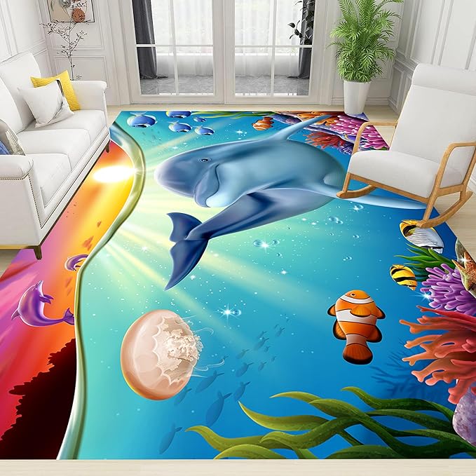 Blue Dolphin Area Rug for Bedroom, 3x4ft, Undersea Ocean Animal Print Indoor Carpet, Beach Tropical Fish Home Decor Playing Mat, Low Pile Breathable Non Shedding Rugs for Kids Room