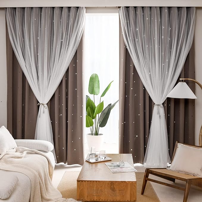 Kinryb Kids Blackout Curtains for Bedroom/Living Room/Classroom, Sheer Overlay Small 2 Panel Set, Double Layer Curtains with Star Cutout for Kids Room(W 52 x L 45 Inches,Coffe 2 Pcs)