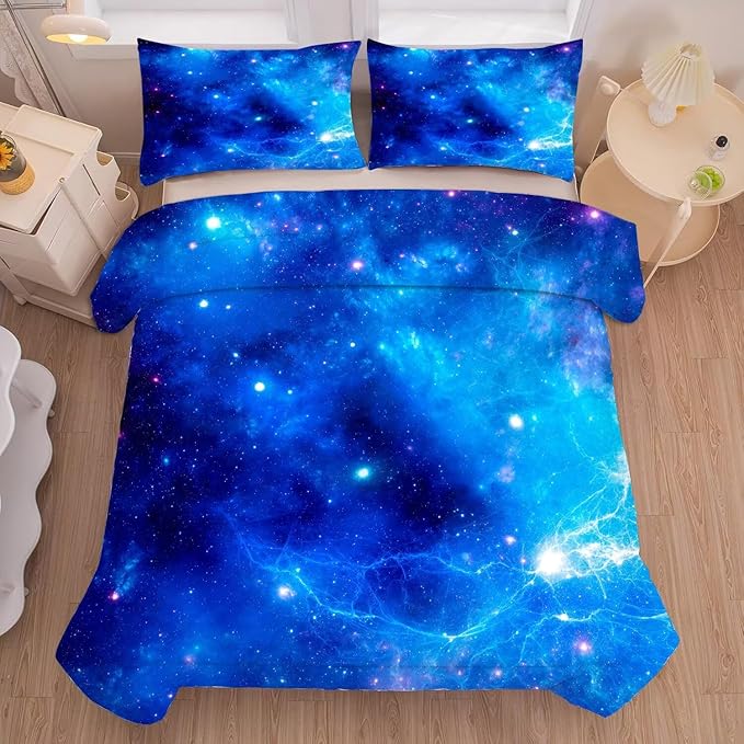 kxry Blue Galaxy Space Comforter Set Full Size Outer Space Starry Sky Universe Bedding Sets for Girls Teens Kids Soft Microfiber Lightweight Comforter Set with 1 Comforter + 2 Pillow Cases
