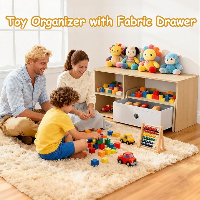 Kids Bookshelf with Bench, Toddler Table with Reading Nook, Montessori Shelf with Fabric Drawer, Toy Organizers and Storage for Kids Rooms, Nursery, Playroom, Bedroom, Natural